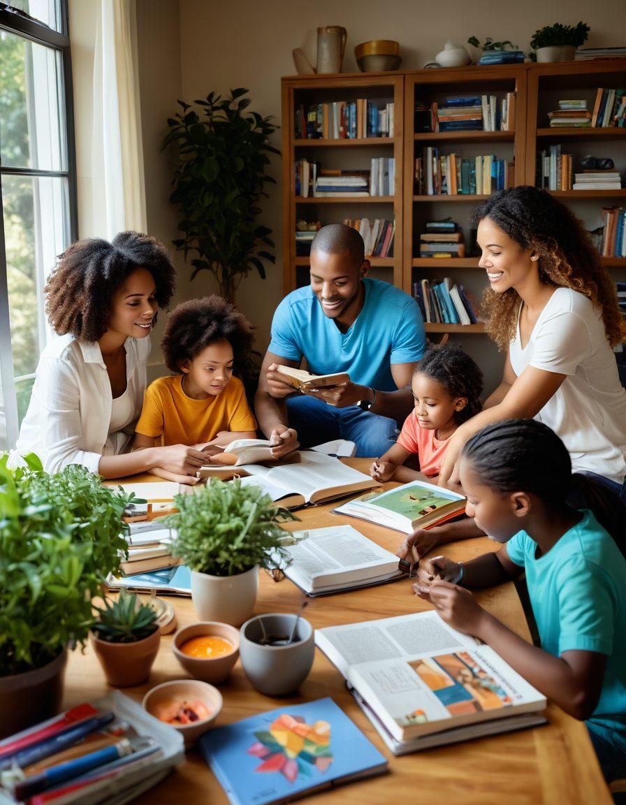A warm scene of a diverse family gathered around a table, deeply engaged in a resourceful discussion with colorful books and tools around them. Show elements symbolizing wellness like potted plants and healthy food, alongside technology representing modern parental resources. Include soft lighting to create an inviting atmosphere. vibrant colors. super-realistic.
