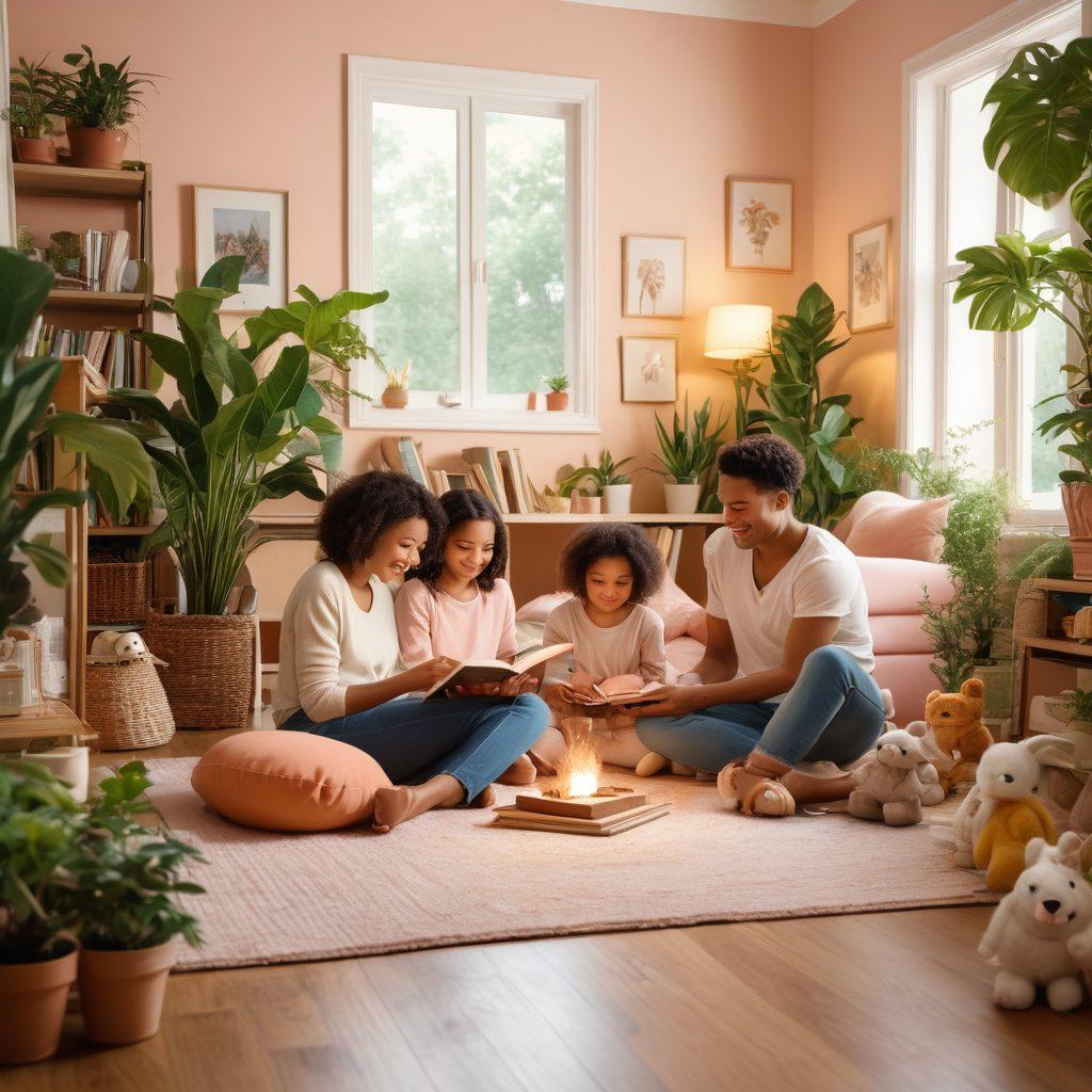 A cozy family scene with diverse family members engaging in activities together, surrounded by plants and toys that symbolize growth and nurturing. Include a warm light illuminating the space and soft textures that convey comfort and togetherness. Represent essential resources like books, puzzles, and a laptop to depict learning and connection. A pastel color palette enhances the feeling of warmth and safety. vibrant colors. super-realistic.