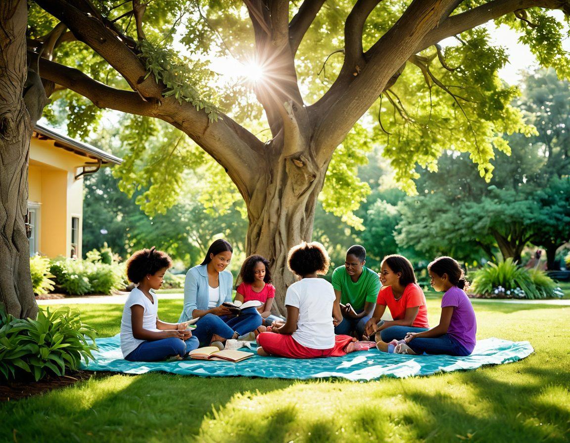 A warm and inviting scene of a diverse family gathered in a community park, engaging in various activities such as playing, gardening, and reading together. Bright colors showcase children interacting with supportive adults, symbolizing growth and development through shared experiences. Beneath a large tree filled with lush green leaves, subtle sunlight filters through, creating a sense of harmony and connection. vibrant colors. super-realistic.
